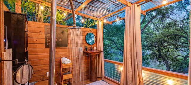 Treehouse Style Yurt near Austin, Hot Tub, FirePit, Outside Shower in Spicewood